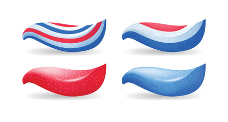 Smear of Toothpaste on a white background. Set. Blue Red Color. Stripped Toothpaste with Small Glitter. Oral Hygiene. Apply Paste to Toothbrush. Realistic Style. Vector illustration for Dental Design.