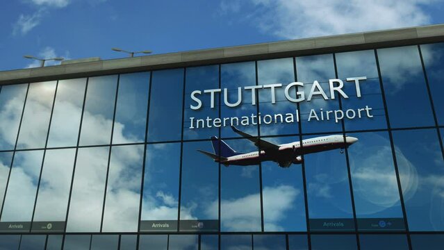 Plane landing at Stuttgart, Germany 3D. Arrival in the city with the glass airport terminal and reflection of the jet aircraft. Travel, business, tourism and transport 3D concept.