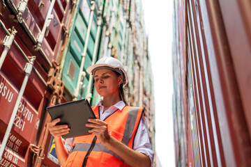 Dock manager or engineer worker in casual with vest standing in shipping container yard looking at tablet. Import and export product. Manufacturing transportation and global business concept - obrazy, fototapety, plakaty