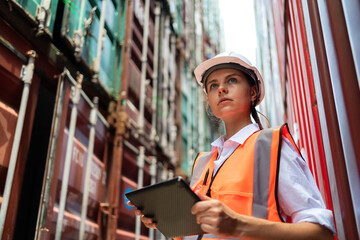 Dock manager or engineer worker in casual shirt with vest standing in shipping container yard holding tablet. Import and export product. Manufacturing transportation and global business concept