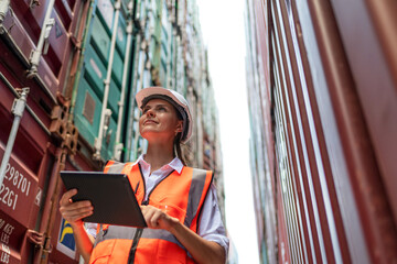 Dock manager or engineer worker in casual with vest standing in shipping container yard holding tablet with smile. Import and export product. Manufacturing transportation and global business concept