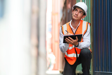 Dock worker man in safety vest holding tablet and looking at container to check defect in shipping...
