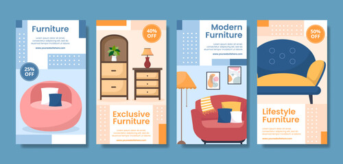 Home Furniture Social Media Stories Template Flat Cartoon Background Vector Illustration