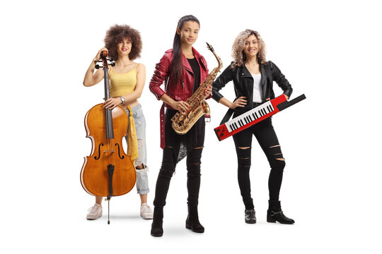 Band of young trendy female musicians with a cello, sax and a keytar