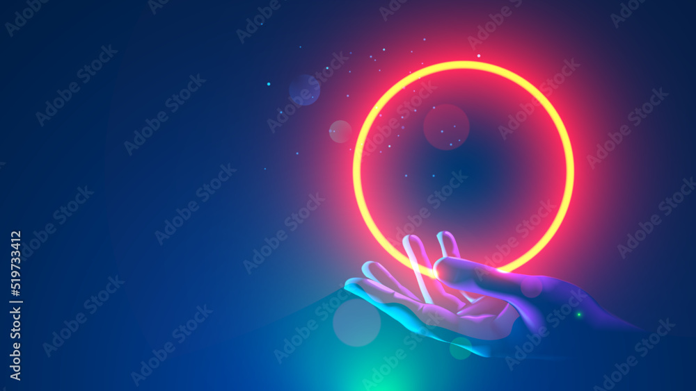 Fototapete futuristic round red neon frame over hand human. abstract circle light hanging over palm of scientis