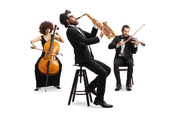 Music orchestra performing with a cello, saxophone and a violin