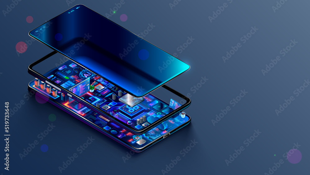 Fototapete Phone mobile application development concept. Develop Software, hardware of mobile devices. Phone apps engineering. Electronic world inside smartphone. Programming of mobile internet web services. IOT