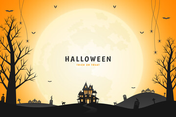 Halloween haunted house, pumpkin lanterns and spooky trees with orange sky and moonlight background.