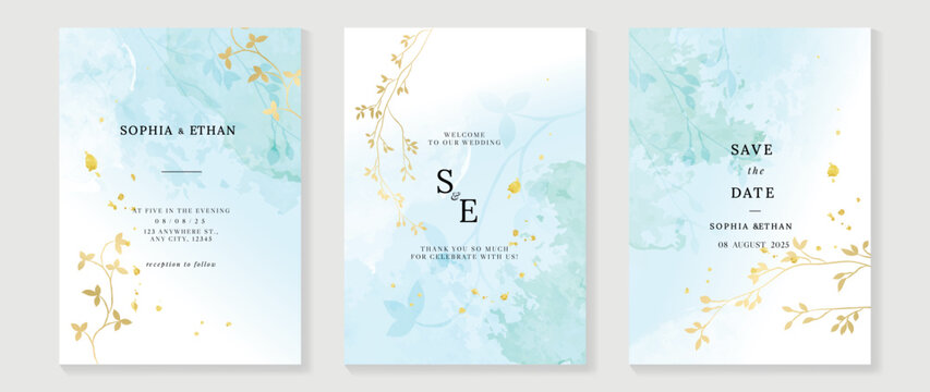 Luxury botanical wedding invitation card template. Watercolor card with gold line art, blue color, leaves branches, foliage. Elegant blossom vector design suitable for banner, cover, invitation.