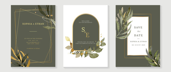Luxury botanical wedding green invitation card template. Watercolor card with gold line art, flower, leaves branches, foliage. Elegant blossom vector design suitable for banner, cover, invitation.