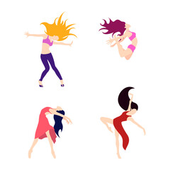 Contemporary and classical dancing set. Dancer character design. Flat illustration. Modern dance styles. Hip-hop, ballet, jazz,