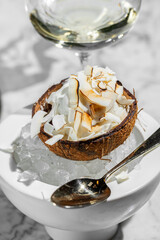 Coconut ice cream with pieces of coconut.