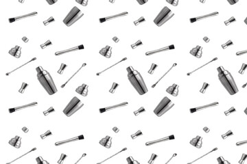 Obraz premium A bartender's set on a white background in isolation. A pattern for decorating an institution and a kitchen.