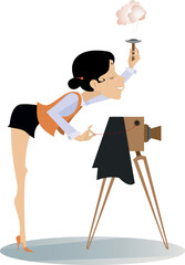 Woman a photographer. 
Smiling young woman makes photo using a retro camera isolated on white background
