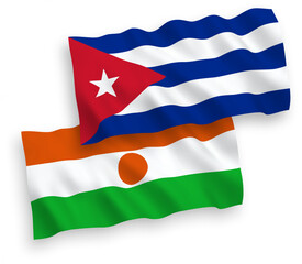 National vector fabric wave flags of Republic of the Niger and Cuba isolated on white background. 1 to 2 proportion.