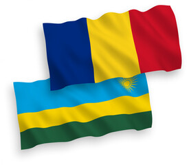 National vector fabric wave flags of Romania and Republic of Rwanda isolated on white background. 1 to 2 proportion.