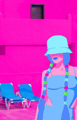 contemporary minimal collage art. Summer vacation girl and relax location. Mix of illustrations and photos