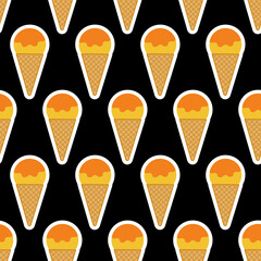 Yellow orange ice cream scoop in waffle cone seamless pattern dark background decoration