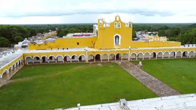 Izamal Yucatan San Antonio de Padua Convent catholic church in mexico drone shot