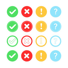 Set of green check mark and red cross icon. Vector exclamation mark and question mark button.