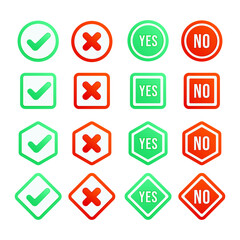 Green check and red cross mark set. Vector yes and no check marks concept.