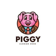 Vector Logo Illustration Piggy Mascot Cartoon Style.