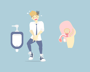 man needing to urinate and holding his bladder, pee, health care concept, health care, sanitation, incontinence concept, flat character design clip art vector illustration cartoon