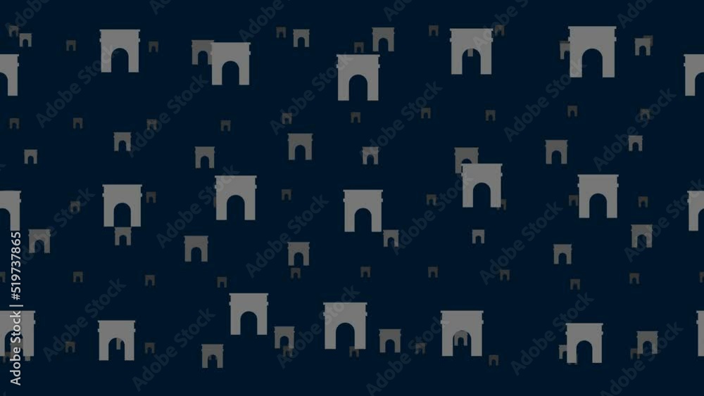 Poster arch symbols float horizontally from left to right. parallax fly effect. floating symbols are locate