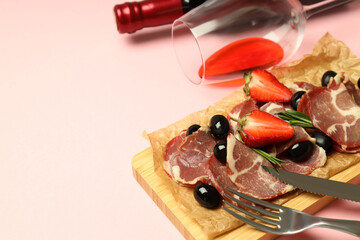 Concept of delicious Spanish cuisine - jamon, space for text