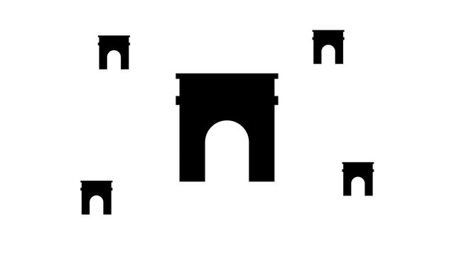 Zoom in and out animation the arch symbol. Large black symbol in the center and four small symbols around. Seamless looped 4k animation on white background