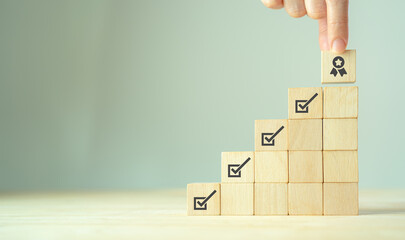 Career and employee progression. Personal development concept. Work in progress. Corporate regulatory and compliance. Quality control management, ISO certification. Product, service quality warranty.