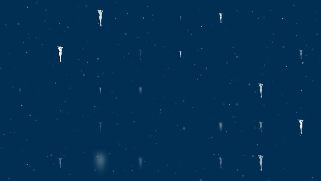 Template animation of evenly spaced sexy woman images of different sizes and opacity. Animation of transparency and size. Seamless looped 4k animation on dark blue background with stars