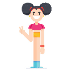 Cute happy girl is standing and showing victory sign. Flat design teen girl character, isolated on a white backgroud.