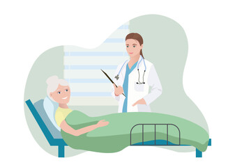 Horizontal vector flat illustrating a hospital with two persons. A young doctor girl stays. An elderly joyful woman - patient lies in a bed.