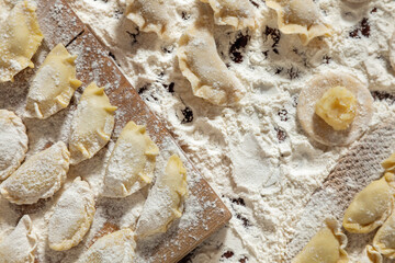 Assorted raw dumplings.