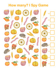 Fototapeta na wymiar Autumn I spy, How many counting educational game for kids with autumn elements, watercolor illustration, educational puzzle, printable worksheet for kids, leisure or study game, teachers resources