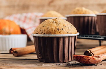 Homemade autumn pumpkin muffin with chia seeds