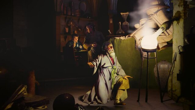 An alchemist who discovers phosphorus. Painting by the English artist Joseph Wright, 1771. Animation. art history. animated picture art