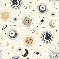 Vector magic seamless pattern with constellations, sun, moon and stars. Mystical esoteric background for design of fabric, packaging, astrology, phone case, wrapping paper.