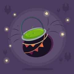 A witch's cauldron on the background of bats. An idea for Halloween. Vector illustration for a holiday.