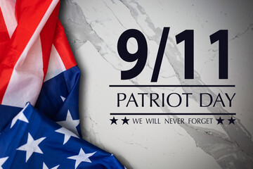 9 11 Memorial Illustration reading Never Forget with photograph of an american flag. 