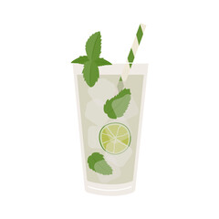 Mojito Cocktail with lime slice, ice and mint leaves. Summer aperitif with rum and lemon juice garnished with mint. Alcoholic beverage or lemonade with straw. Vector illustration isolated on white.