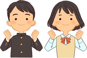 両手ガッツポーズでやる気の男女生徒イラスト