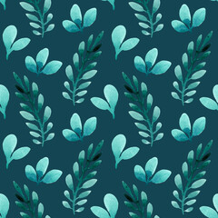 Seamless pattern of green leaves painted with watercolors on a blue green background. For fabric, sketchbook, wallpaper, wrapping paper.