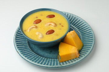 Kaddu or Pumpkin Kheer Or Bhoplyachi Kheer in Marathi and gummadikaya payasam in Telugu, Garnished with dry fruits