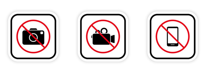 Photography Forbidden Area Icon. No Video, Photo Camera, Mobile Phone Black Silhouette Ban Icon Set. Camera Prohibited. Not Allowed Zone for Recording Red Stop Symbol. Isolated Vector Illustration