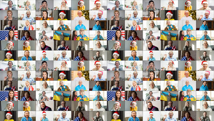 Banner with variations of diverse multiracial people, header for website, a lot of diverse employees on the screen, collage of portraits of business persons. College of international people