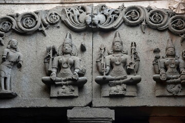 Beautifully carved idols on the inner wall of the Bhuleshwar Temple, Yawat, Maharashtra, India