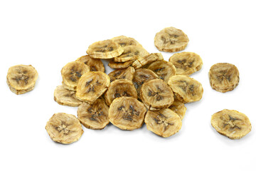 Dried banana slice isolated on white background. multiple dried banana chips snacks isolated over the white background.