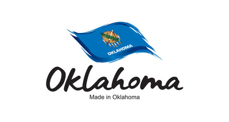 Made in Oklahoma USA new handwritten flag ribbon typography lettering logo label banner - obrazy, fototapety, plakaty
